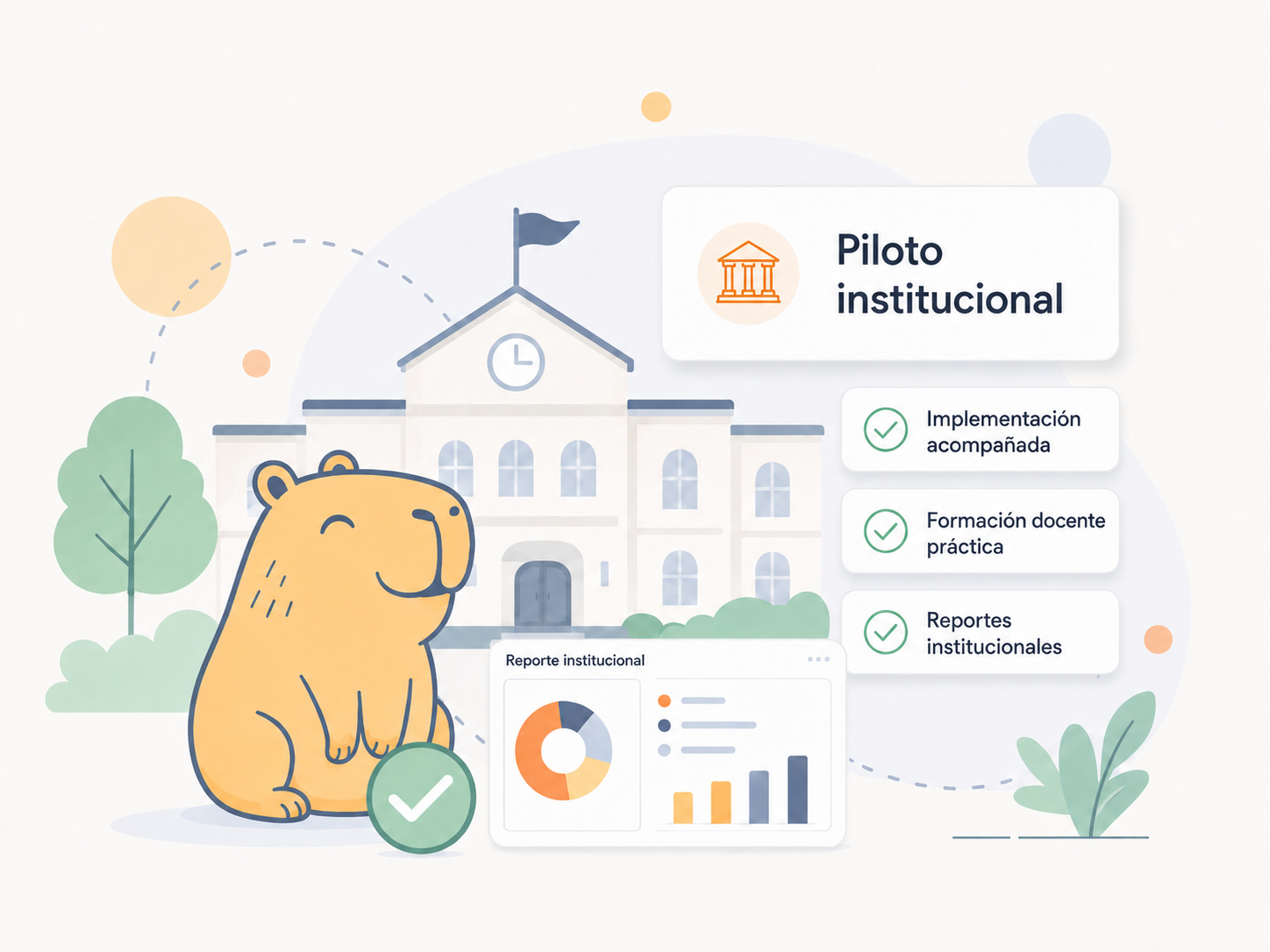 Ilustración de Te Reto App con capibara, colegio, piloto institucional y reportes